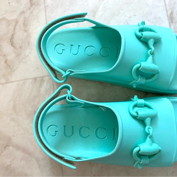 $750 New in Box Gucci Made in Italy Green Horsebit Rubber Platform Sandals sz 6 - Picture 9 of 15